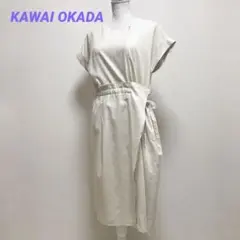 カワイオカダ　ひざ丈ワンピース　リネンブレンド　リボン　スリット　ポケット