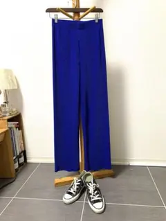 週末値下げ　リブ編み 青 切りっぱなしストレートパンツ　Mサイズ
