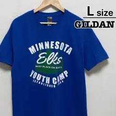 USA古着　GILDAN　Tシャツ　L　ブルー　青　杢カラー　プリント　キャンプ