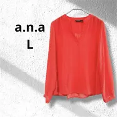 a.n.a オレンジVネックブラウス PETITE L 透け感