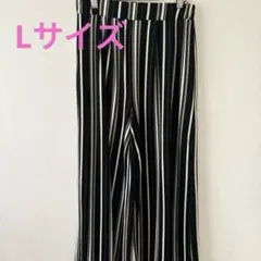 ストライプガウチョパンツ　Lサイズ　黒　イージーストレッチパンツ