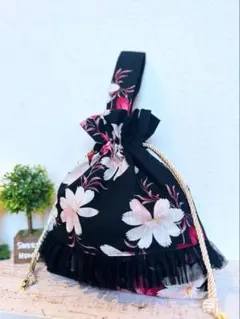 秋桜・フリル付き巾着ポーチ・浴衣リメイク・松田聖子