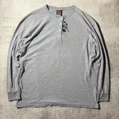 90s ミッキー 刺繍 ヘンリーネック 長袖T グレー M
