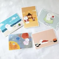 シロ&ペンの夏　5枚セット　ポストカード　かわいい　絵葉書　イラスト　デザイン