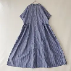 【タグ付き・新品】バンドカラー　タック　ストライプ　ワンピース