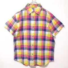 【SOLEILDOR】半袖　シャツ　メンズ　黄色　ピンク　M　古着　チェック柄
