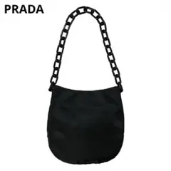 美品 PRADA プラチェーン ショルダーバッグ ロゴ 刺繍 ナイロン ブラック