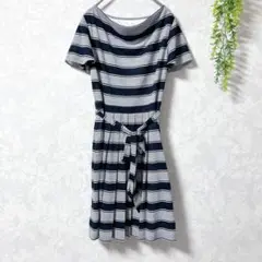 【美品】ボーダー柄 ワンピース 半袖 ウエストリボン付 ネイビー×ホワイト38