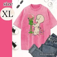 新品♥ピンクキャスパーTシャツ♥XLユニセックス♥カップルOK♥ゆるだぼ古着加工