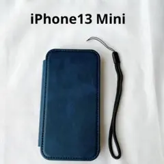 iPhone13 Mini ケース 手帳型 カード収納 青 ストラップ付き