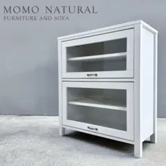美品✴︎モモナチュラル ガラス戸 キャビネット 木製 サイドボード 棚付き 白