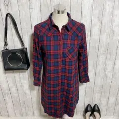 良品✨ ひざ丈シャツワンピース (L) チェック柄 体型カバー コットン100%