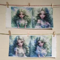 ♪ 限定レア パネル生地 美麗 翠髪の妖精の女の子 4枚セット ♪