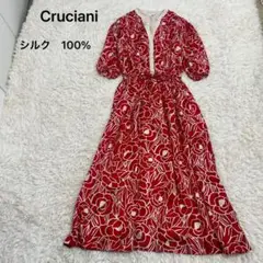 クルチアーニ　シルク100% フラワープリント　スキッパーワンピース　赤　ロング