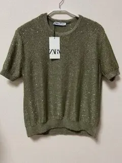 ZARA 半袖ニットトップスL オリーブグリーン