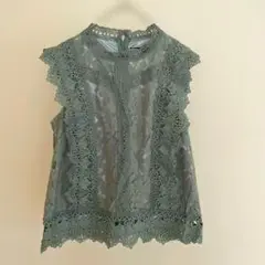 おしゃれ♡ くすみグリーン レース ノースリーブ トップス　フリーサイズ　裏地付