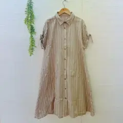 【レスピーギ】 ロングワンピース シャツワンピ ストライプ （M） 体型カバー