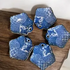 鶴　紅葉　幾何学模様　唐草　蔓草　豆皿　未使用　藍染　染付　江戸時代風　小皿