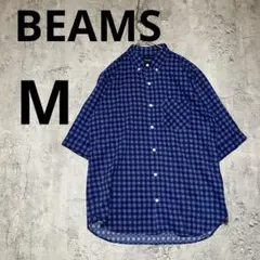 A0499【BEAMS 】ネイビーとブルーのチェック柄半袖シャツ　M