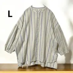 バンドカラー シャツ ブラウス コットン リネン混 ドロップショルダー L