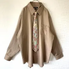 長袖シャツ×柄ネクタイXL オーバーサイズ ベージュ スプリングカラー 古着