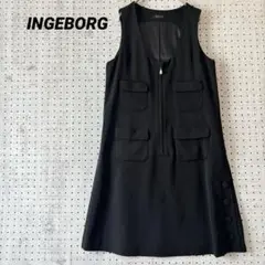 美品 インゲボルグ 黒 ノースリーブワンピース ジッパー 前開き くるみボタン