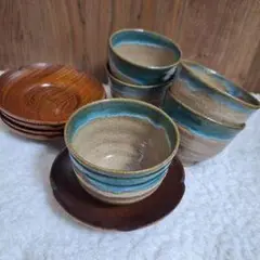 青と茶のグラデーション茶碗5個セット