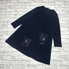 新品✨タグ付き カットソーチュニック ストレッチ 花柄ポケット ネイビー M〜L