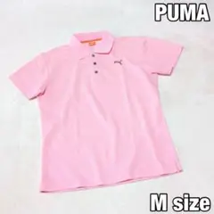 【PUMA】ゴルフ 半袖ポロシャツ 刻印ボタン ロゴ刺繍 ボーダー柄 ピンク M