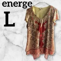 energe 【L】花柄 半袖トップス ボタニカル　エキゾチック　赤　ベージュ