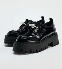 ZARA 厚底ローファー ビジュー付きレースアップシューズ　ブラック　39