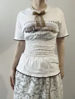 古着リメイクTシャツ　メロウ シャーリング リボン ヒョウ柄