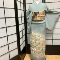 ［4341］色留袖 美品 人物御所車花 落款有 一つ紋 五三桐 正絹 着物 袷