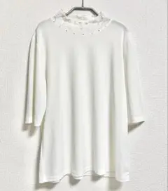 トップス　カットソー　Tシャツ　レース襟　ホワイト　五分袖　ビーズ