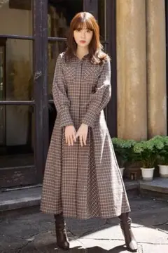 Checkered Pleats Long Shirt Dress