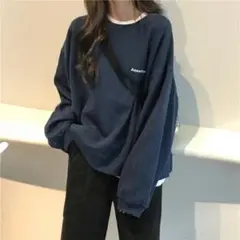 ワンポイント 韓国風 スウェット ユニセックス トレーナー 長袖 ブラック