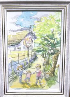 【原画】手描きの水彩画、帰り道の風景　ポストカードサイズ　額付き