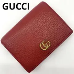 【美品】 グッチ 折り財布 GGマーモント ロゴ金具 レザー シボ革 レッド