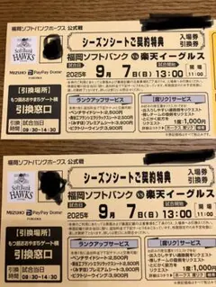 ソフトバンクホークスVS楽天イーグルス　入場券無料引換券2枚　9/7野球チケット