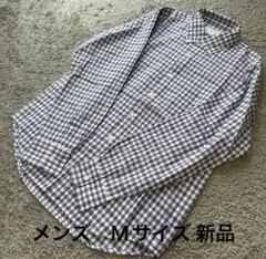 メンズ 綿麻チェック長袖シャツ紫紺M新品