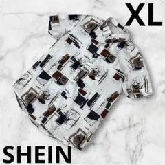 『シーイン』シャツ　半袖　総柄　モダン　デザイン　メンズ　ホワイト　XLサイズ