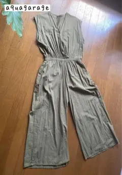 aquagarage サロペットパンツ　ウエストゴム　カーキ　オールインワンL