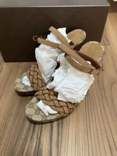 グッチ サンダル ハイヒール パンプス GG柄 編み込み 箱付き 茶 23cm