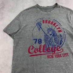 自由の女神　ニューヨーク　ビッグプリント　半袖Tシャツ　古着　杢グレー　M