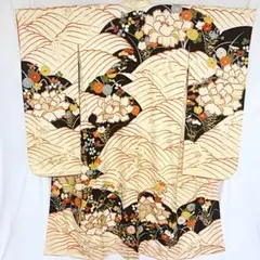 2m778 振袖 正絹 袷 中振袖 橙色 金色 黒 黄色 青 紫 緑 花柄 和装