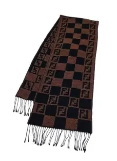 FENDI イタリア製 ズッカ×チェック柄 ロゴマフラー ブラウン