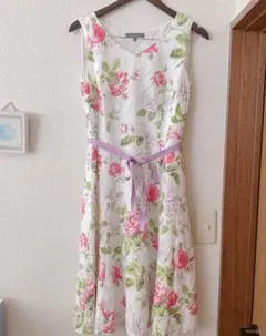 LAURA ASHLEY フラワー　花柄 ノースリーブワンピース リネン100%