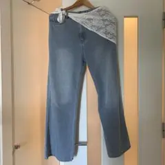 店頭試着のみ レーススカーフ付きライトブルーデニムストレートパンツ Lサイズ