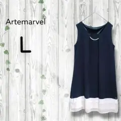 artemarvel　上品ワンピース　フォーマル　ノースリーブ　膝丈　サラサラ紺
