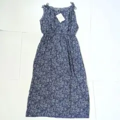 【新品】 韓国 ノースリーブロングワンピース リボン 花柄 ネイビー